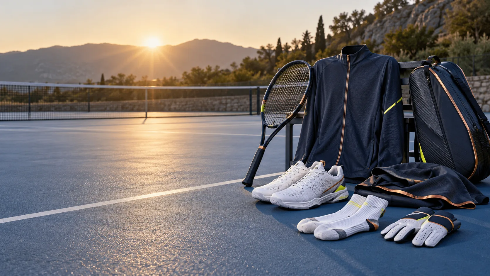 tennis equipment arranged in a hard-court product studio