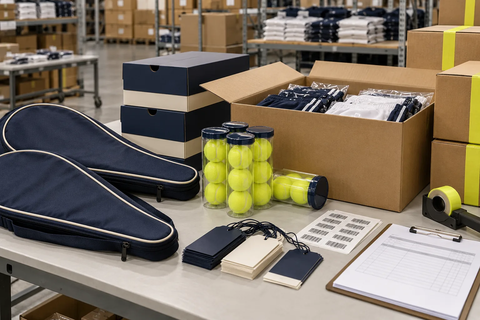 Tennis packaging and fulfillment desk