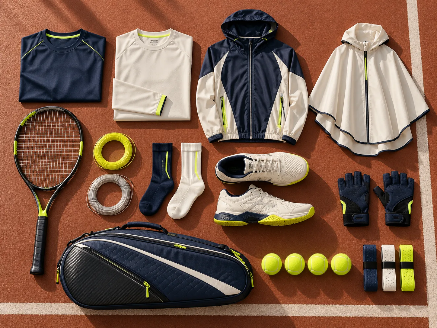 Strip tennis products, clusters and tennis product trays on a court equipment sampling table