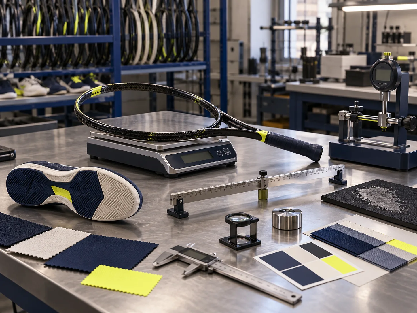 Technician inspecting tennis equipment at a quality desk